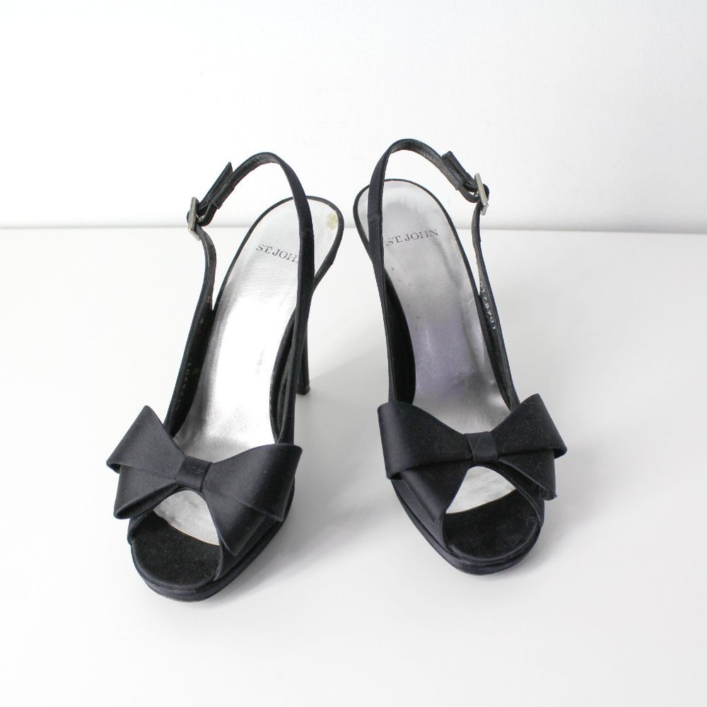 St John Black Satin Peep Toe Slingback Evening High Heels Bow Jeweled Shoes 6M - Picture 9 of 15